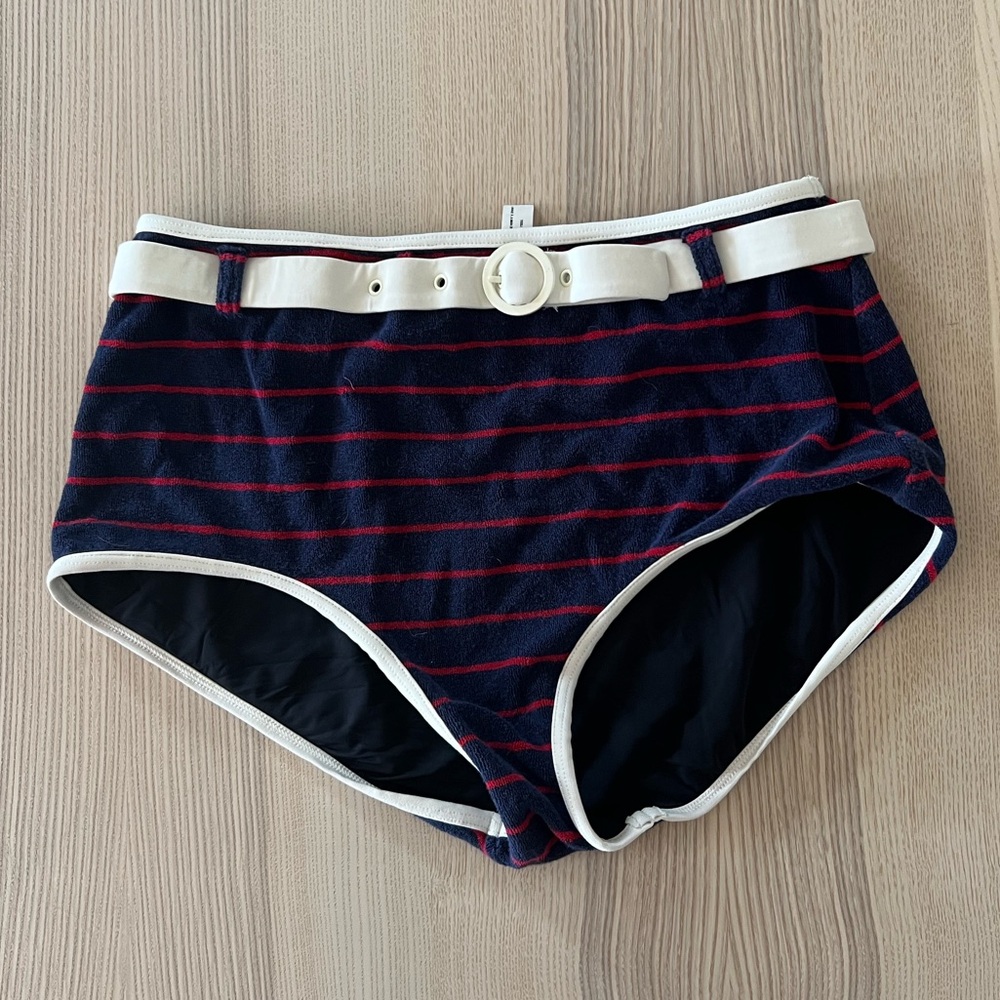 SOLID & STRIPED Terrycloth Navy and Red Striped High-Waist Swim Bottom with Belt